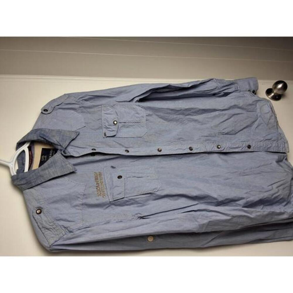 Men's L Scotch and Soda Snap-Button Dress Shirt Blue and White Vertical Stripes